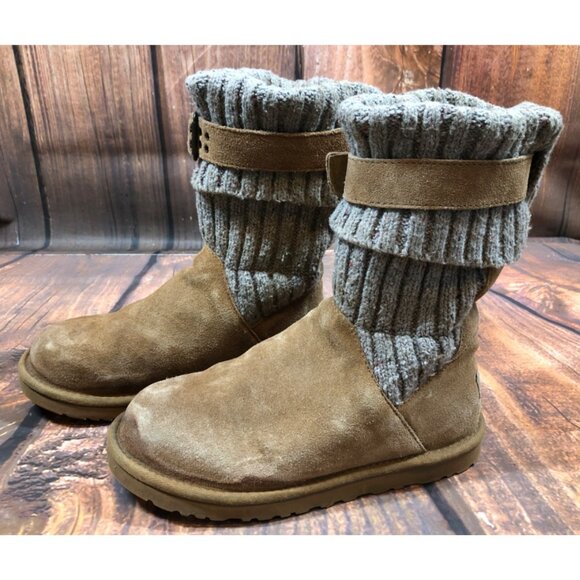 UGG Cambridge Knit Chestnut Suede Belted Boots Sheepskin Womens 7 (p7c) - Picture 2 of 10